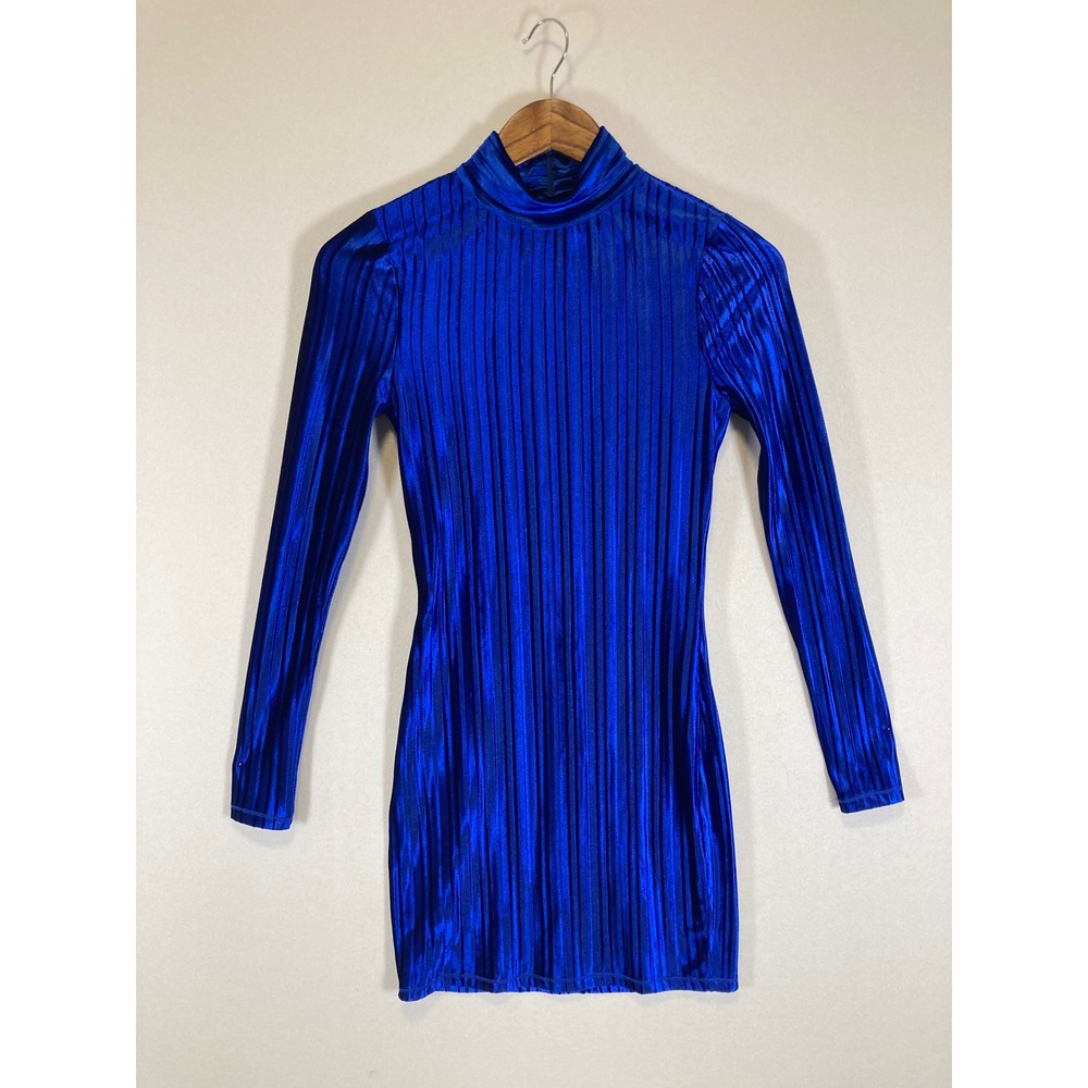 Cybercore NBD Womens XS Royal Blue Metallic Plisse Mock Neck Bodycon Mini Dress
